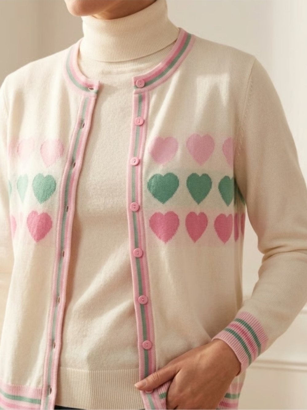 Charter Club Cream Cardigan with Pink & Green Heart Motif